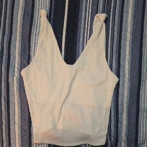 Miss Me Cream Ribbed V-Neck Tank with Knotted Straps